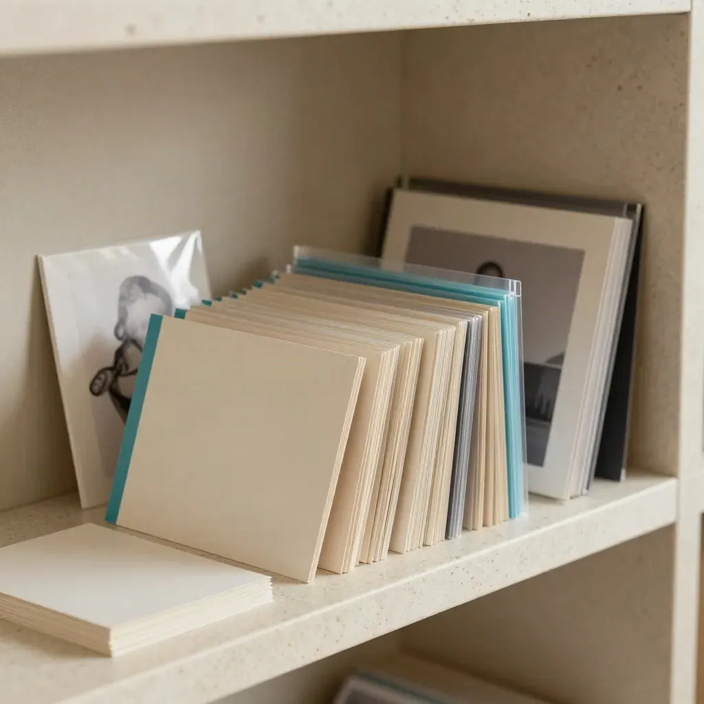 Unbranded content folios spill across a travertine shelf in a dramatic AI content ad.