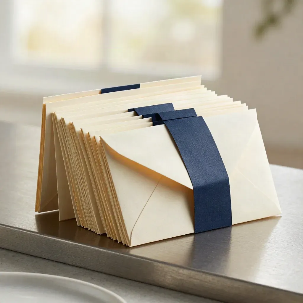 Open folio with card pockets, pale envelopes and a midnight-blue band on a brushed-metal ledge