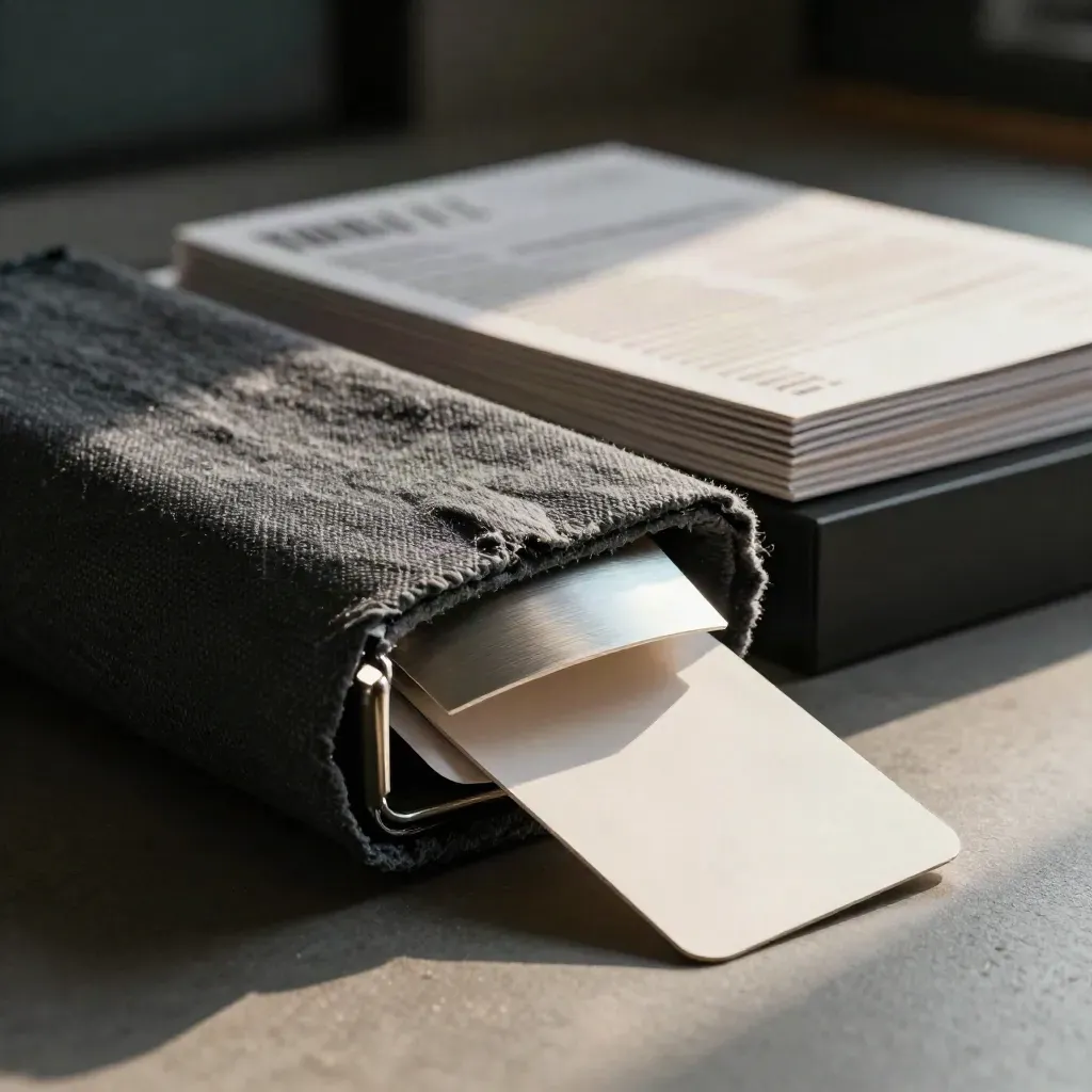 Slate cloth bundle with blank inserts and cyan edge light on a matte-black studio plinth.