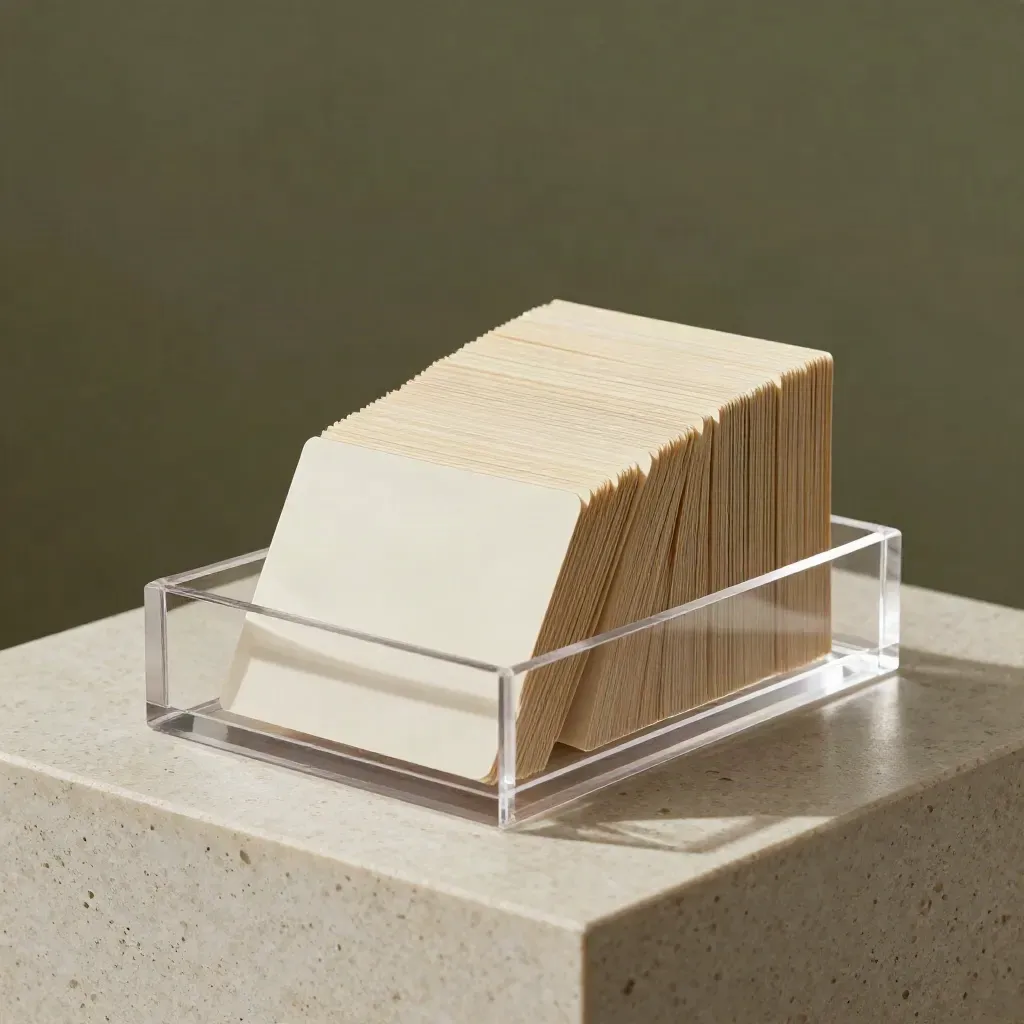 A glowing acrylic deck with tone cards on a pale stone pedestal