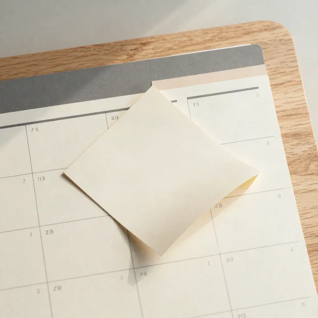 Overhead flatlay of blank calendar cards, divider tabs and a loose strip on pale wood.