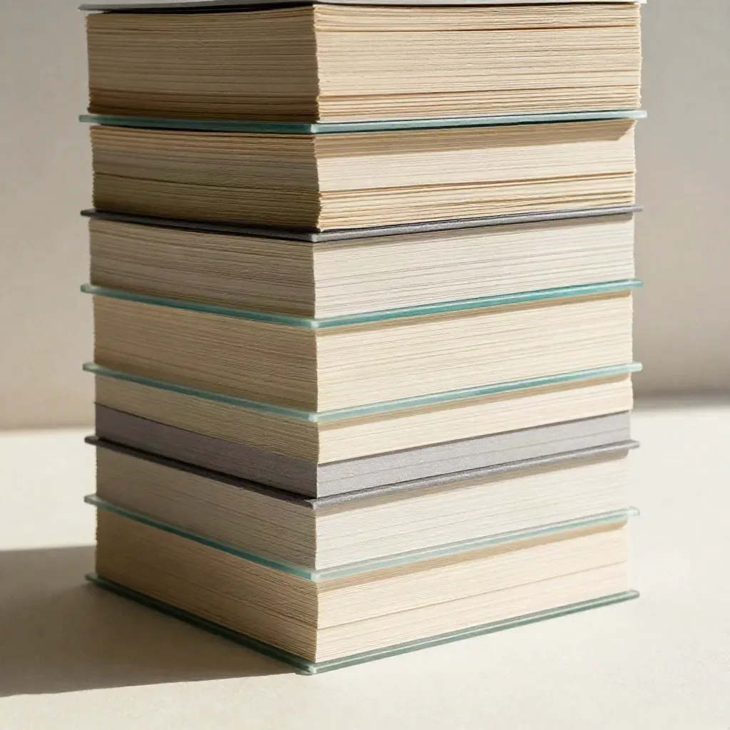 Extreme macro of a stacked SEO brief builder card tower with layered tabs and paper grain.