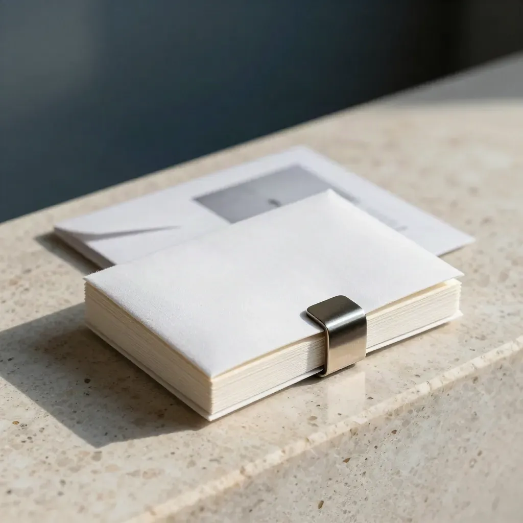 White-linen agency pack with blank inserts and aluminum clasp on travertine ledge, soft daylight.
