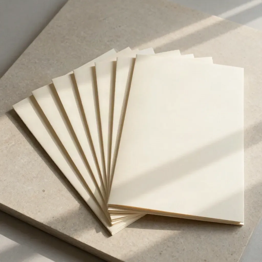 Top-down cream folio with seven fanned email panels on pale stone, softly lit.