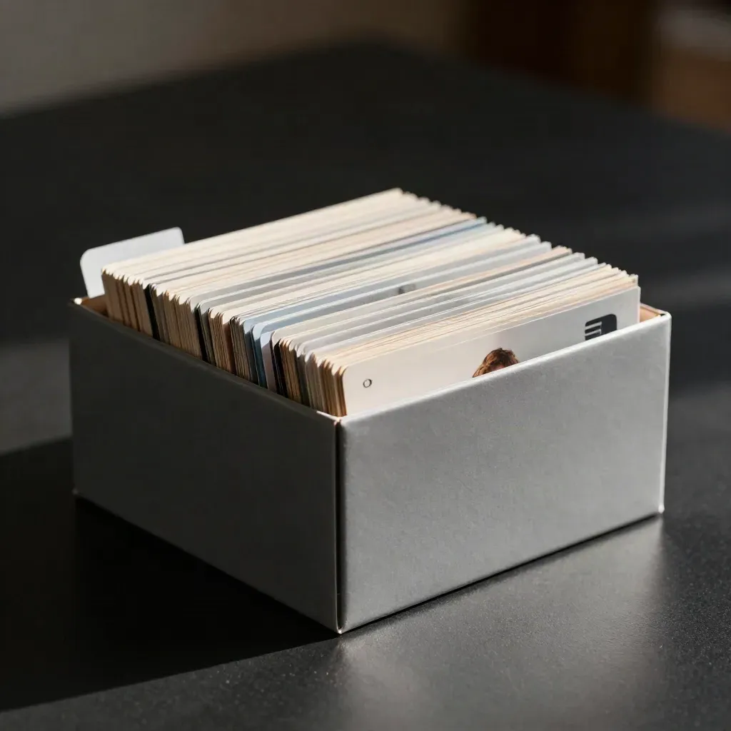 Low-angle copy pack box partly out of wrap with cards and glassine sleeves on matte black.