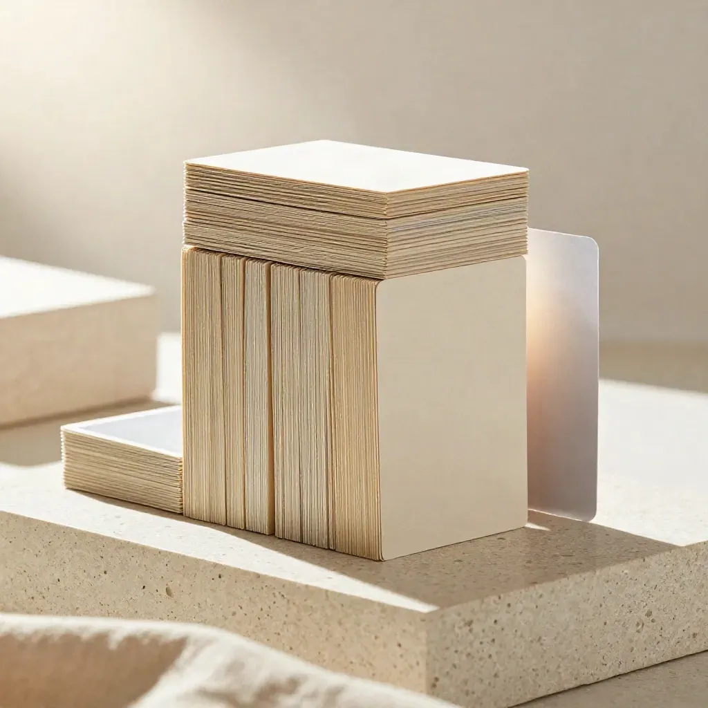 Low-angle hero of a cream card deck in a staggered arc on travertine, softly lit in an airy studio