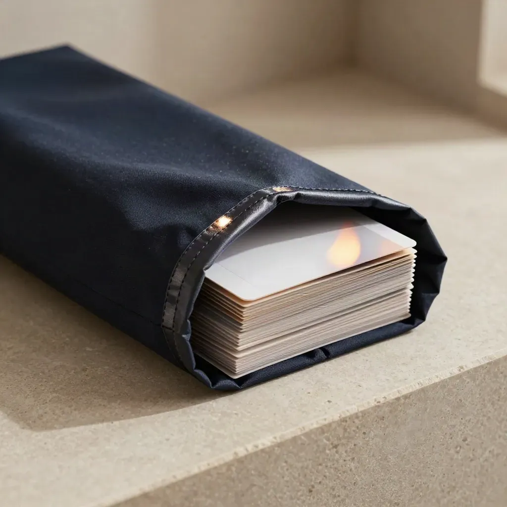 Midnight cloth copy kit with metallic seam and inserts on a stone plinth