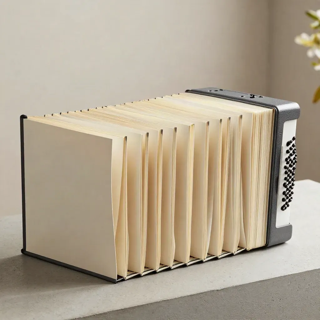 Accordion folio of blank planning panels arcing across a concrete plinth in raking light.