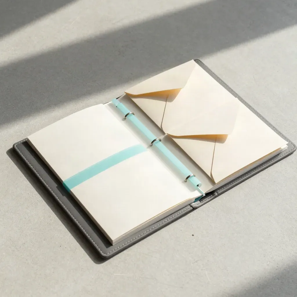 Overhead flatlay of an open onboarding binder with inserts and folded cards on pale concrete.
