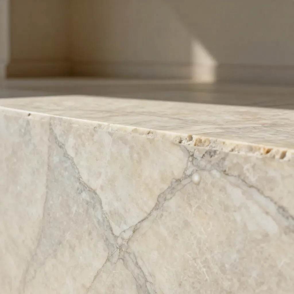 Sunlit veined marble surface with linen ridge and blurred architecture, calm space for copy.