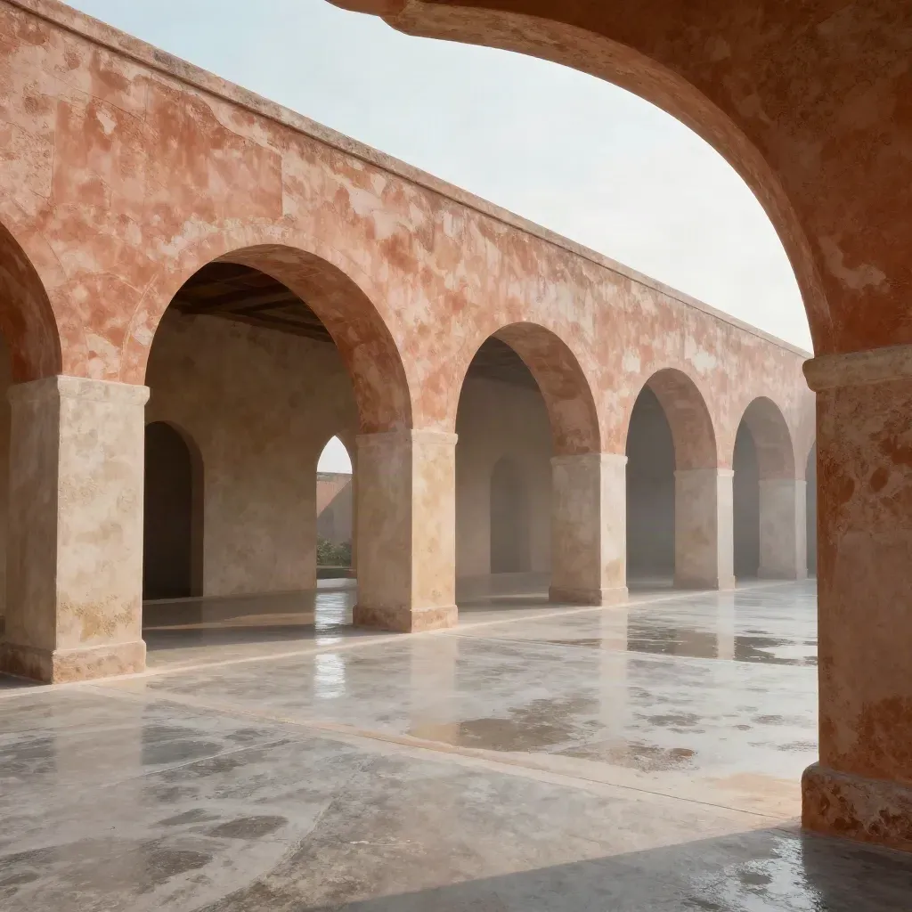 Rain-dark concrete terrace of repeating arches under bright sky, calm reflection space below.