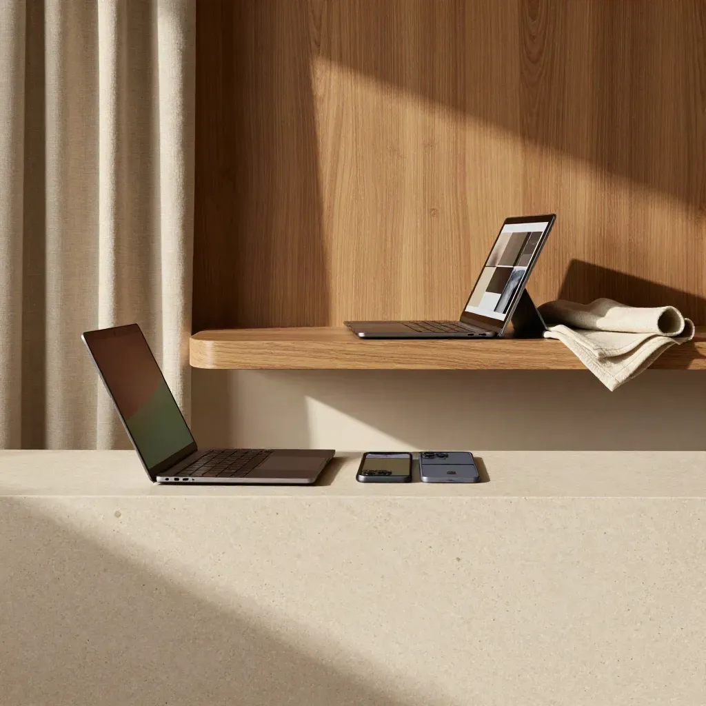 Graphite laptop, tablet and phone in a warm oak and limestone studio with soft copy space