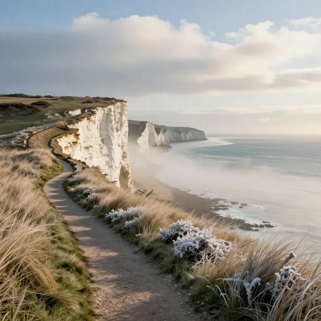 Chalk cliff path above misty coast, pale grass and open sky with calm copy space