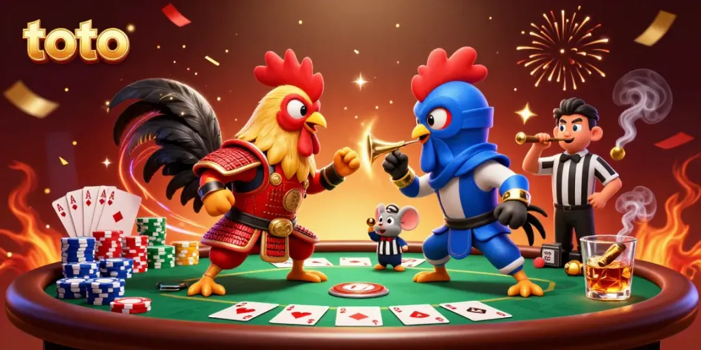 Engage in thrilling toto moments with fighting roosters at a vibrant casino showdown.