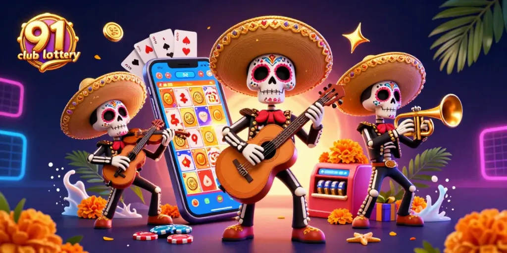 Experience the vibrant 91 club lottery with interactive characters and dynamic gaming elements.
