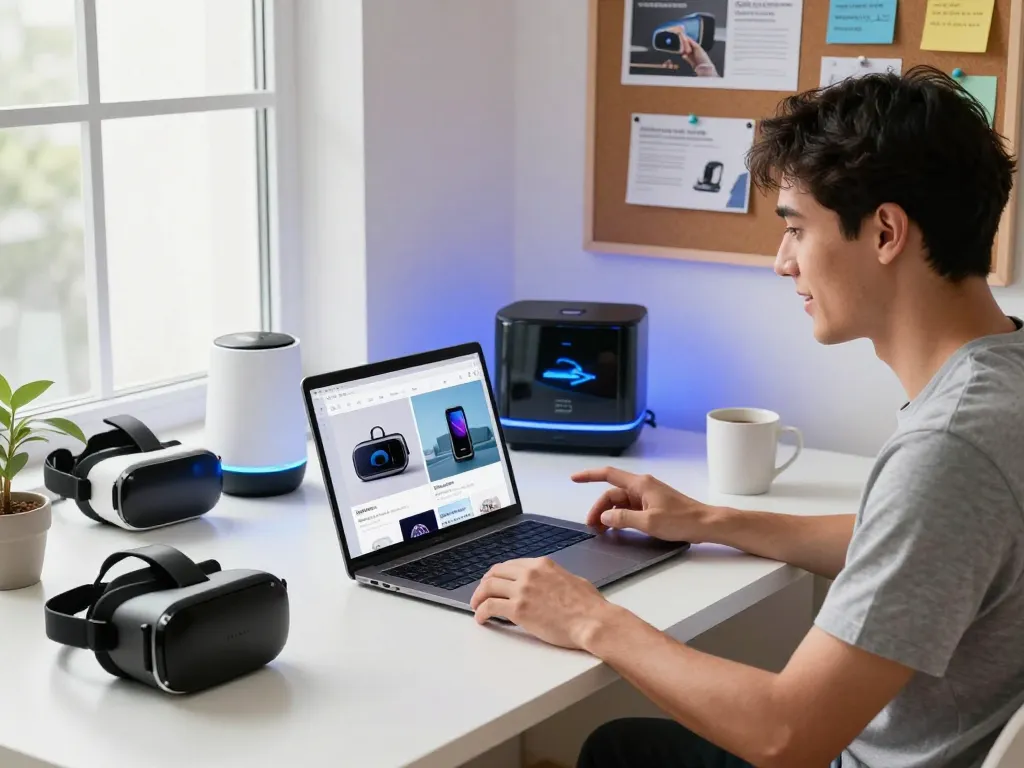 Youth engaging with the latest tech gadgets 2096 in a modern workspace.