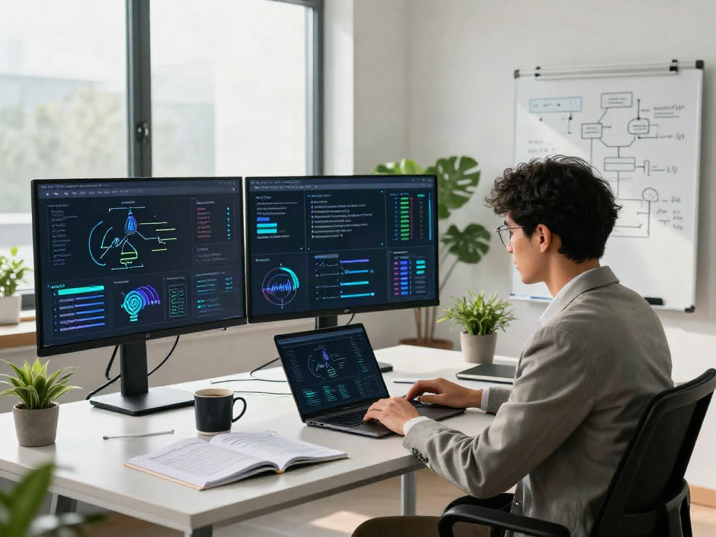 Data scientist analyzing juicy ai algorithms in a modern workspace with large screens and greenery.
