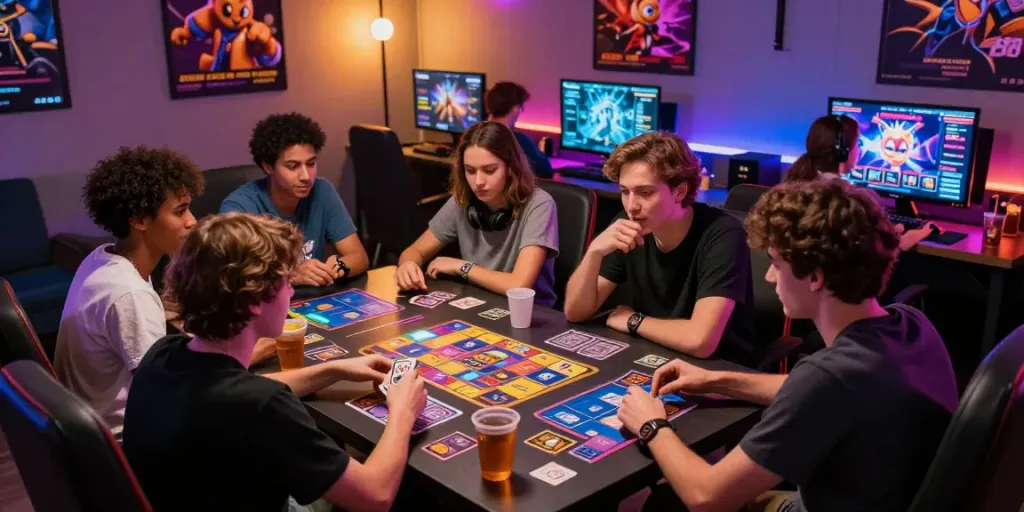 Friends enjoying card games in a vibrant GO88 gaming lounge atmosphere