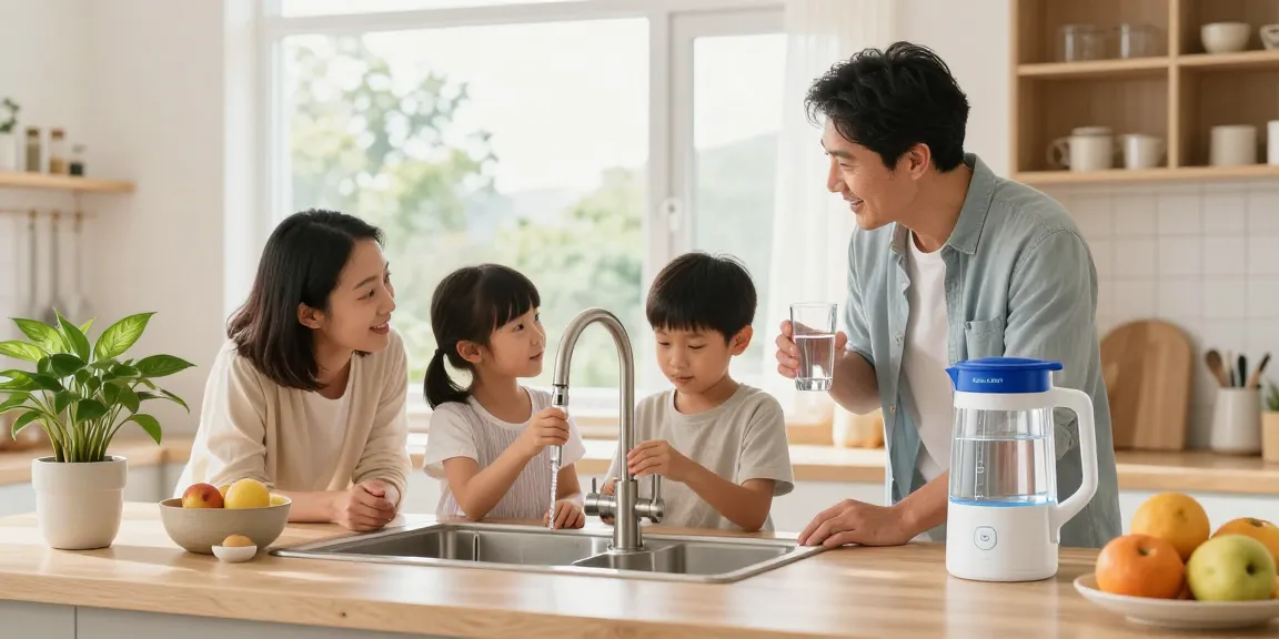 AQUA CREST AP431 AP430SS Whole House Scale Inhibitor Inline Water System showcased in a modern kitchen with a family enjoying clean water and discussing its benefits.
