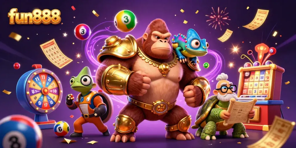 Engage with fun888 as a powerful gorilla king leads an animated lottery adventure.
