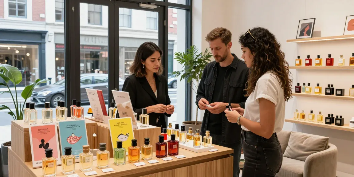 Diverse selection of unisex perfumes displayed in an urban boutique, highlighting customer interactions.