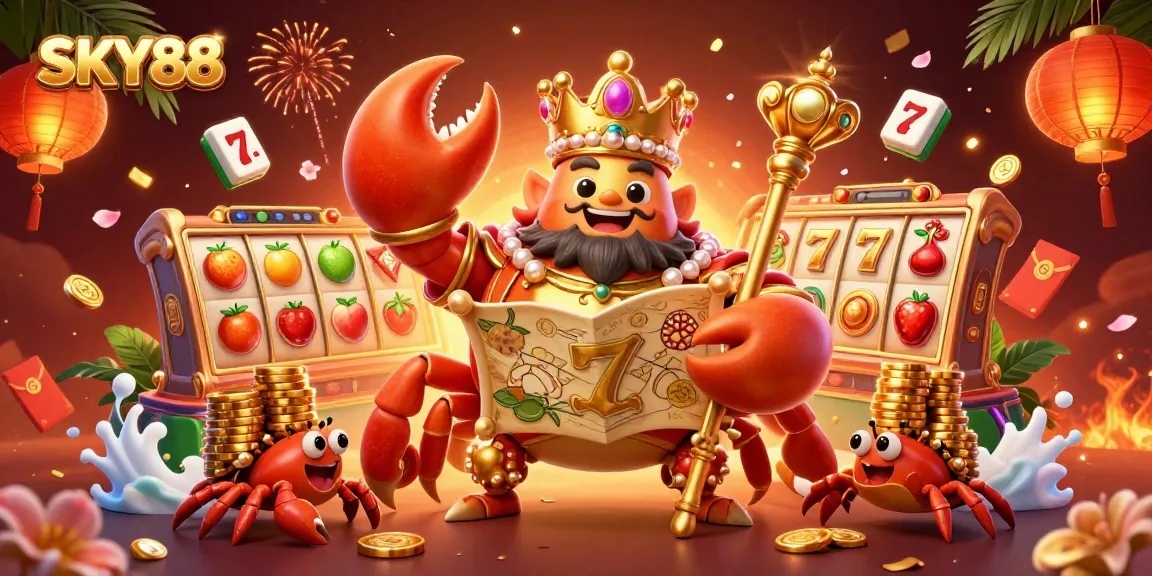 Engage with SKY88's vibrant online casino experience featuring a golden crab emperor and dynamic gaming elements.