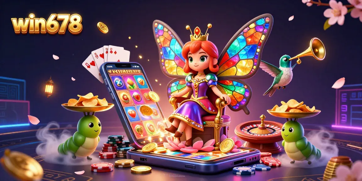 Win678 offers vibrant gameplay with a butterfly queen, golden chips, and colorful slot games.