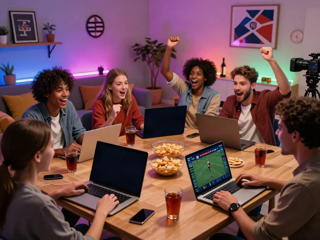 Exciting online betting gathering at https://vin88.team/ with friends watching a sports event and engaging in live bets.