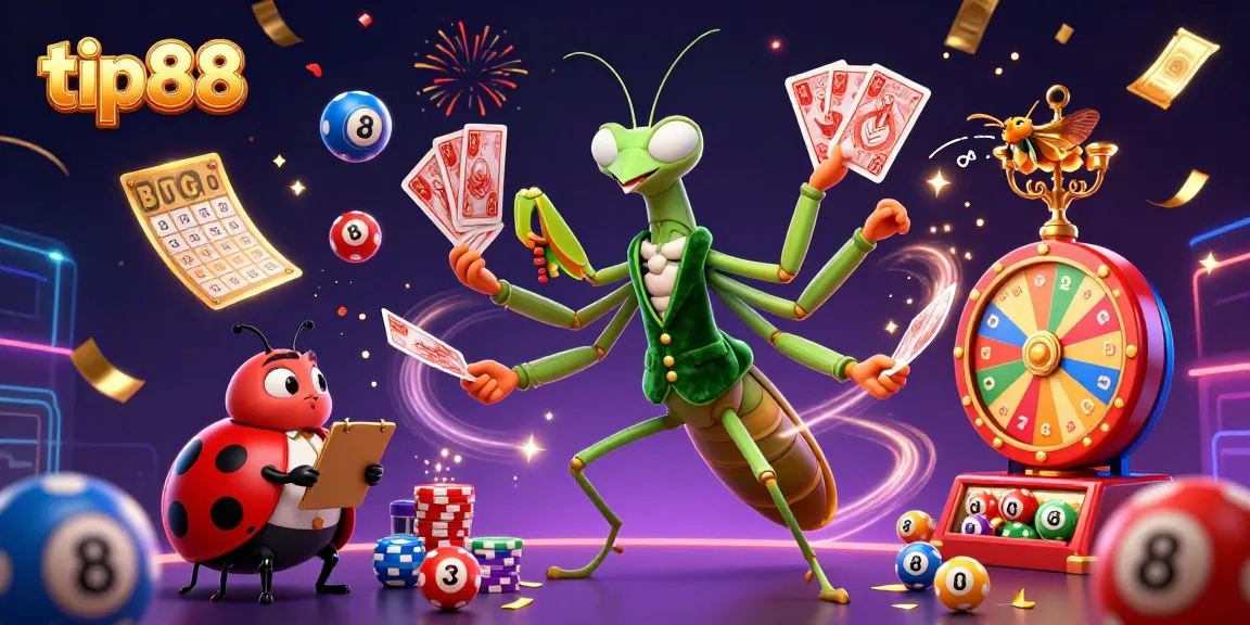 Engage with tip88's thrilling atmosphere as the praying mantis card sharp dazzles while deals unfold in a vibrant casino.