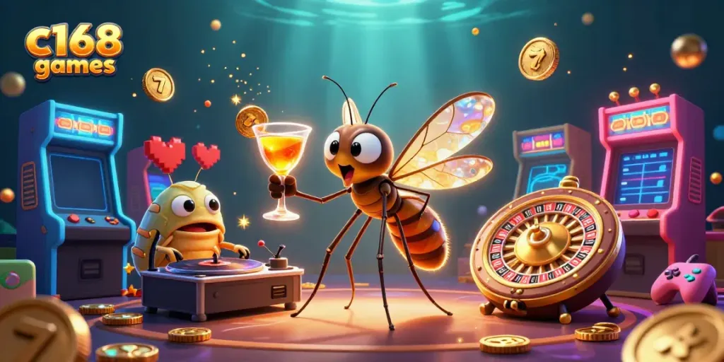 Spin to win at c168 games with vibrant casino and gaming characters in a lively scene.