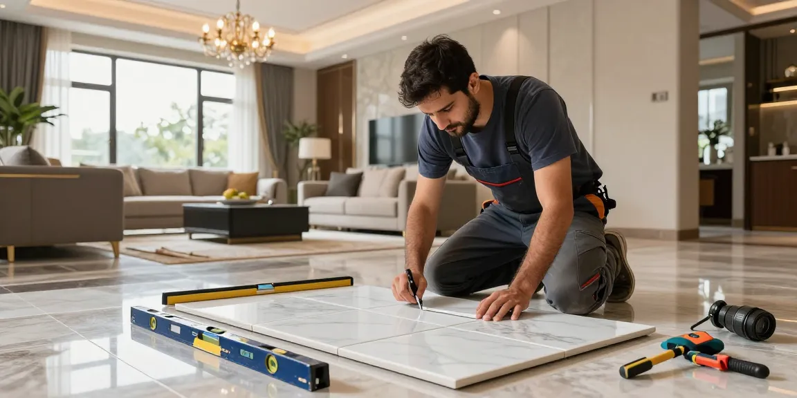 مقاول سيراميك باكستاني يقوم بتركيب بلاط فاخر في غرفة معيشة أنيقة بتصميم عصري.