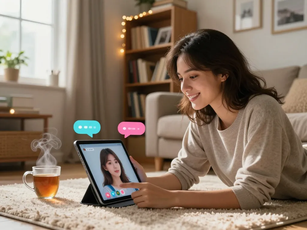Engaging moment with AI girlfriend in a cozy home study, showcasing modern digital companionship.