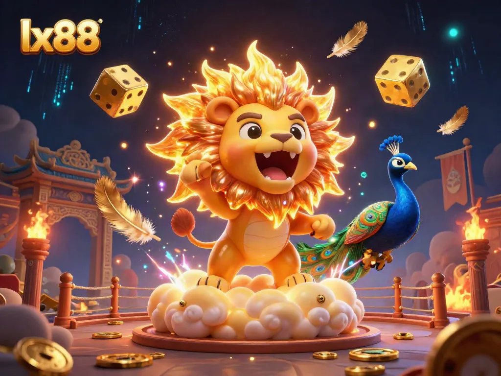 Experience thrills at lx88 with a roaring sun lion, golden dice, and vibrant casino elements bursting with energy.