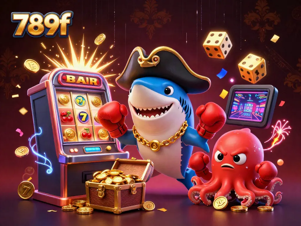 The 789f casino scene features a shark captain, pufferfish, and octopus with gold coins, celebrating jackpot wins.