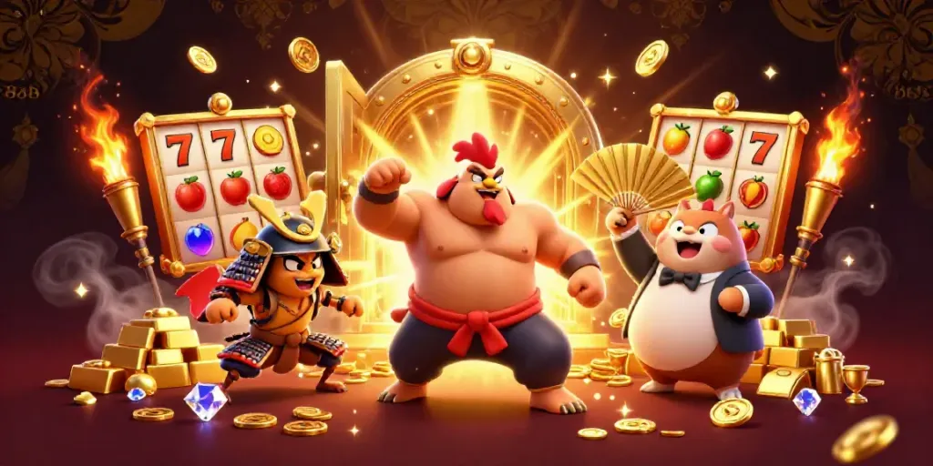 Engage with thrilling action at 888b with a dynamic casino illustration showcasing a powerful rooster, a fighting cricket, and a tanuki amidst gaming elements.