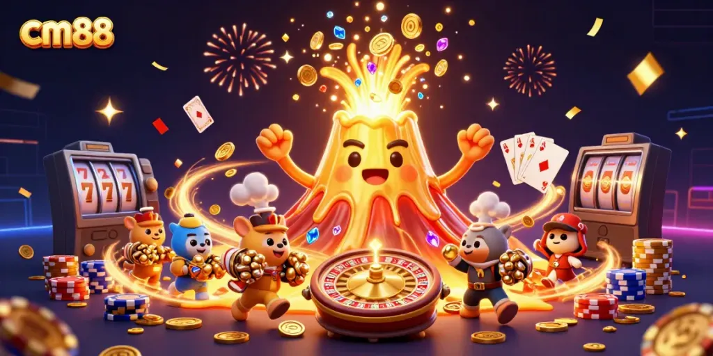 Experience the vibrant world of cm88 with a triumphant volcano and treasure-hunting animals amidst a lively casino scene.