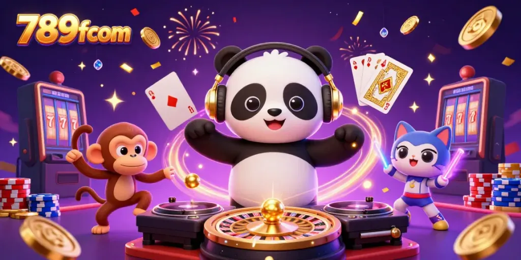 Experience 789fcom with a DJ panda and dynamic casino elements in vibrant 3D illustration