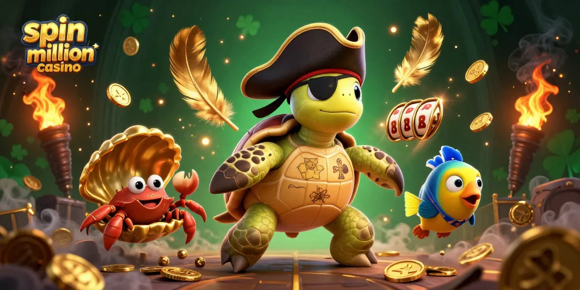 Spin million casino illustration featuring a pirate turtle, crab, and parrotfish above gold coins.