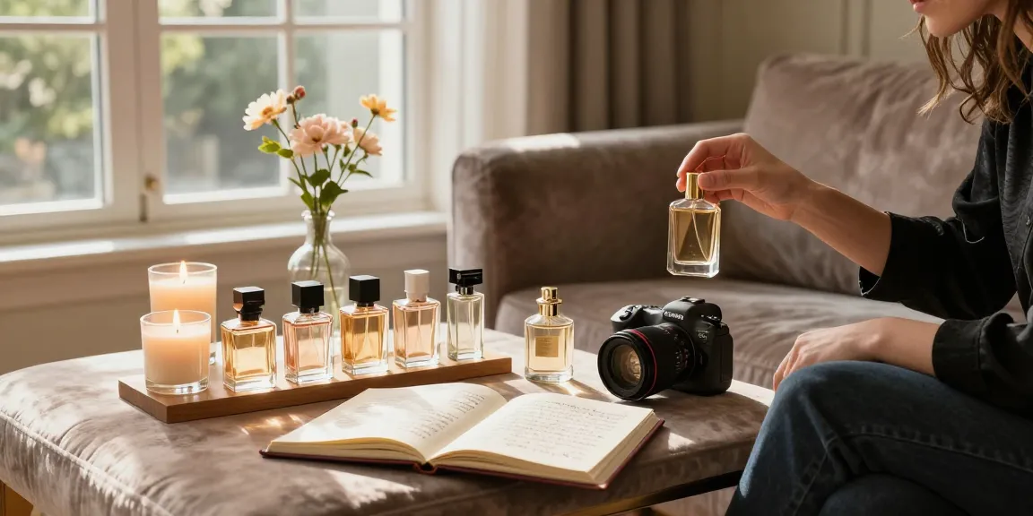 Experience detailed Perfume Reviews in a luxurious home setting with a person sampling elegant fragrances surrounded by beautiful perfume bottles and warm sunlight.