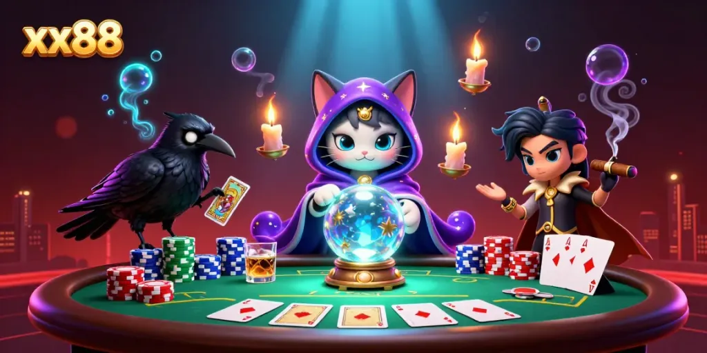 Engage with xx88 in a vibrant casino scene featuring mystical elements and poker excitement.