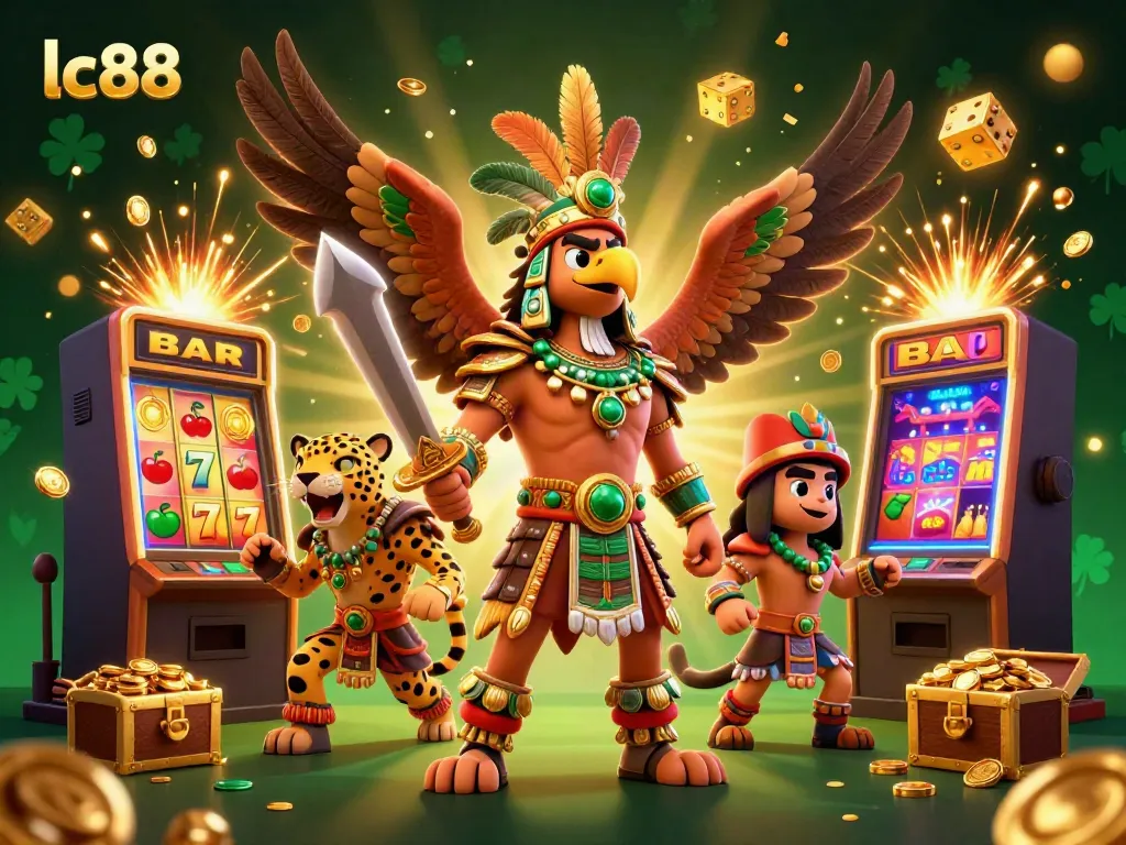 Engage with the vibrant lc88 casino scene featuring warriors, slot machines, and dazzling treasures.