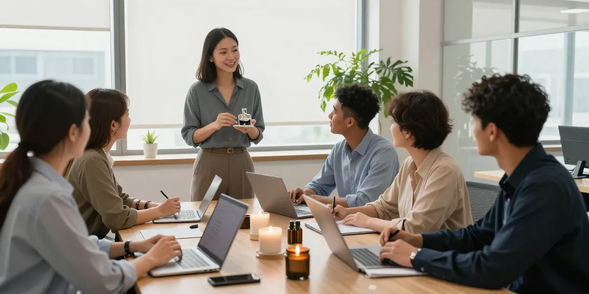 Engaging office scene discussing Office Appropriate Scents with professionals brainstorming and collaborating