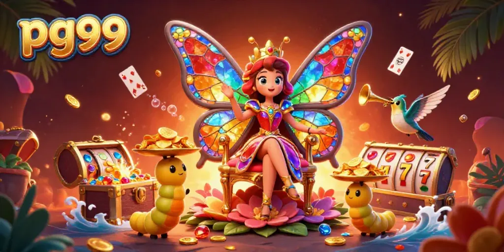 Engage with the vibrant world of pg99's online casino featuring a colorful butterfly queen and treasure elements.