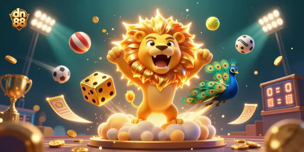 Experience dynamic betting excitement with dn 88 branding, vibrant 3D casino illustration featuring iconic game elements.