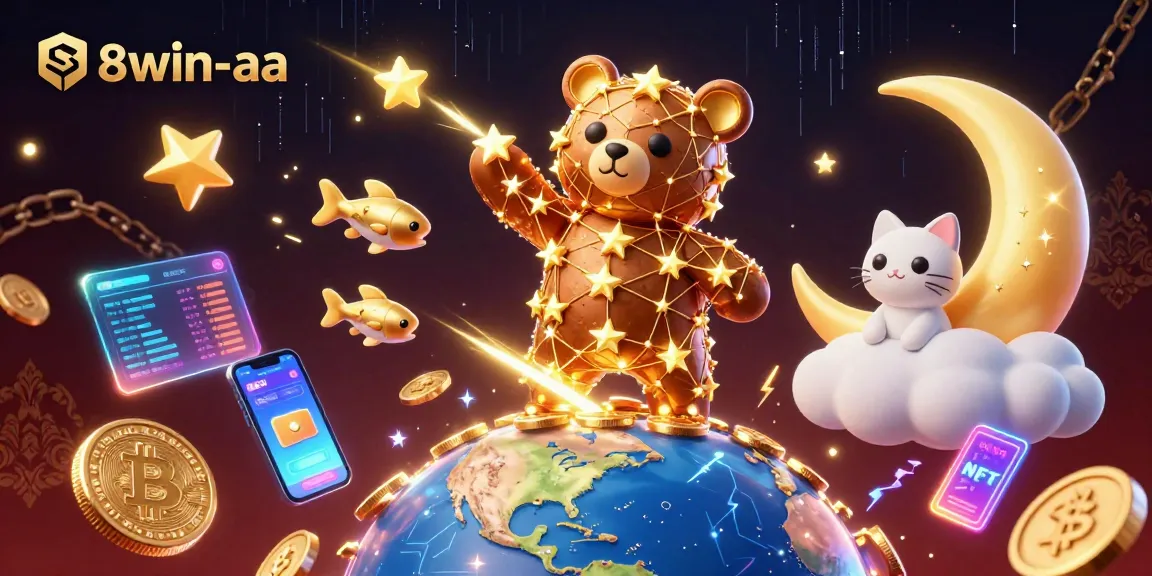 Win big at 58win-aa with golden stars and crypto-inspired elements in an engaging casino scene.