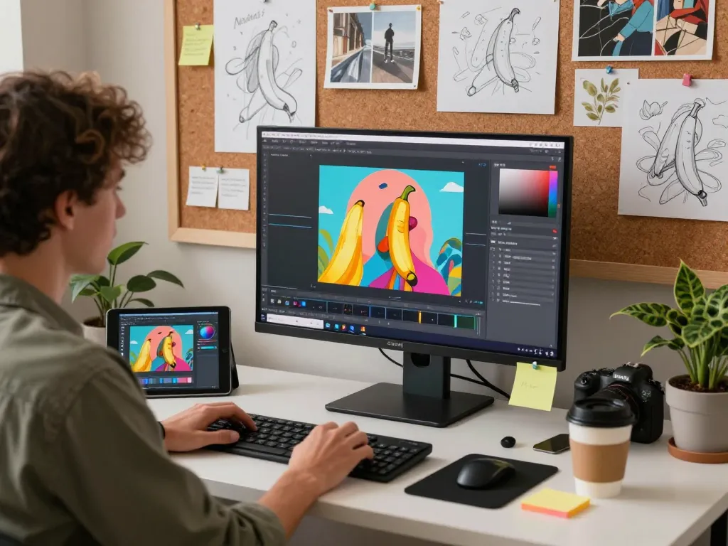 Engaging workspace showcasing the creative process with nano banana ai tools in digital art.