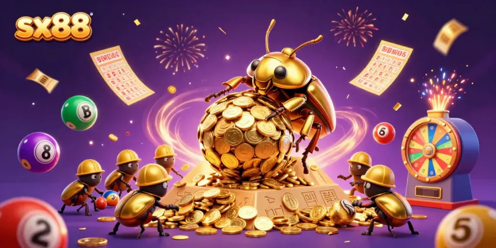 Experience the excitement of sx88 with lively casino-themed characters and dynamic elements in this vibrant illustration.