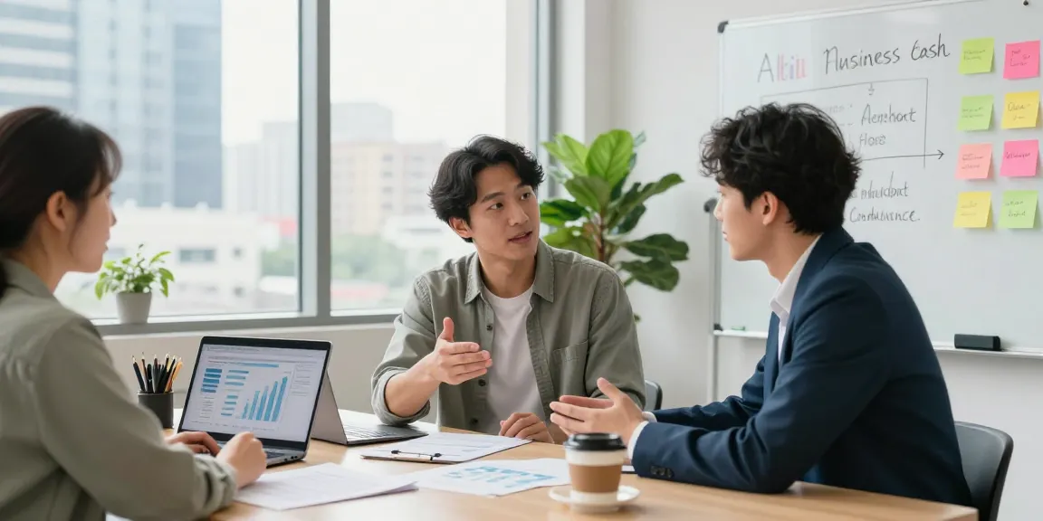 Square merchant cash advance consultation in a professional office setting with an entrepreneur discussing financial strategies.