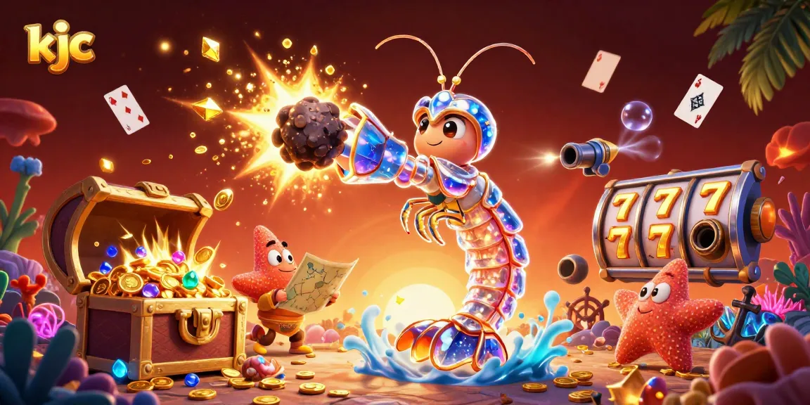 KJC's galactic samurai mantis shrimp conquers challenges, revealing treasures in a vibrant casino-themed illustration.