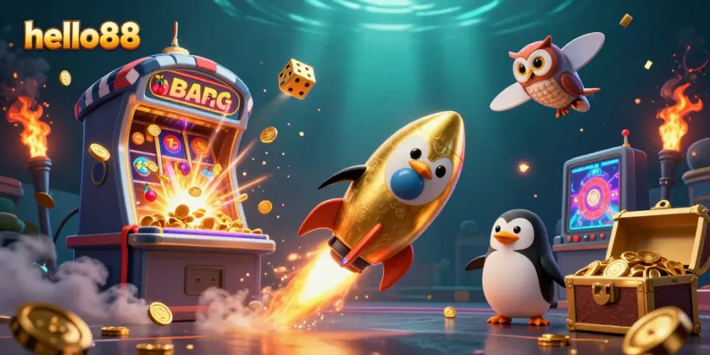 Experience exciting gameplay at hello88 with a golden penguin, jackpot slot machine, and winning symbols bursting with adventure.